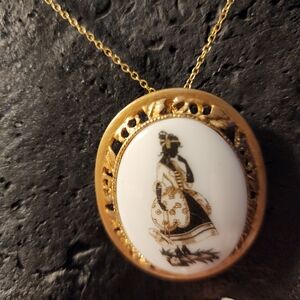 Vintage Gold and Black Cameo Brooch Necklace